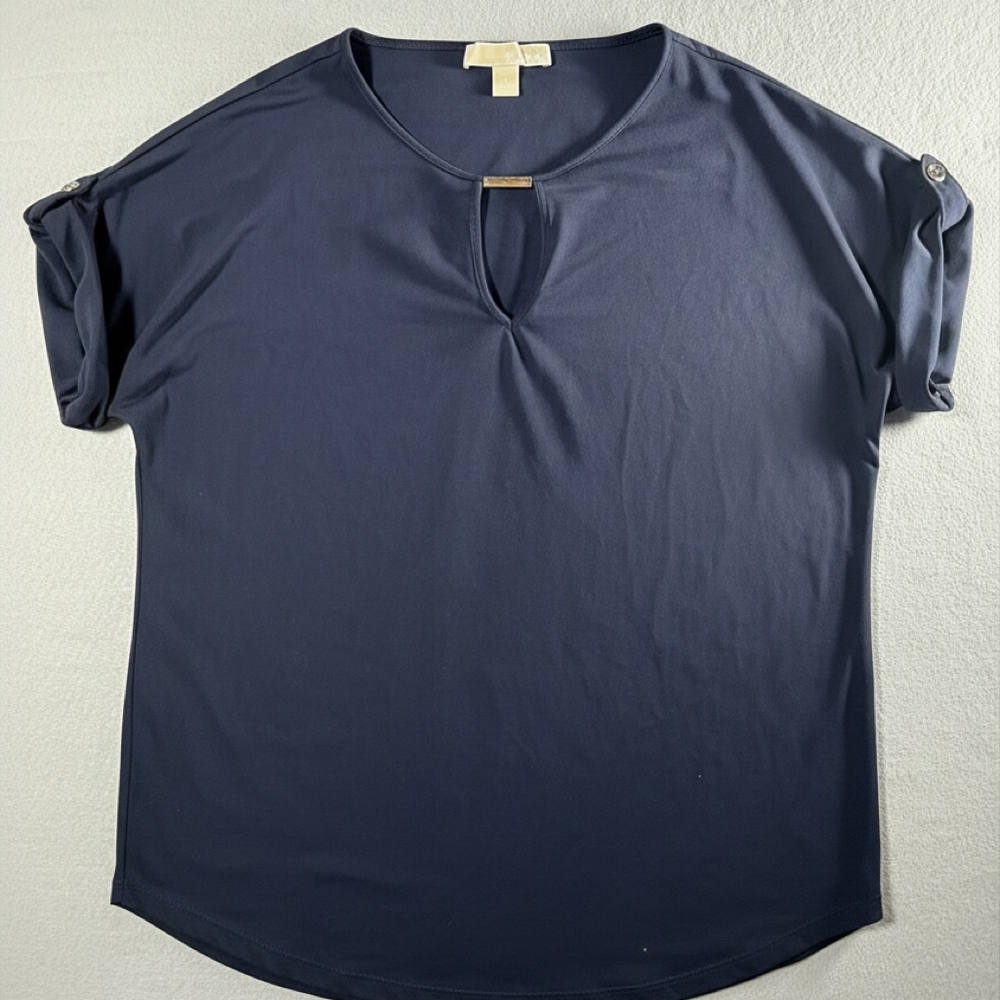 Michael Michael Kors Women’s Medium Short Sleeve Top Navy Blue Keyhole Neckline